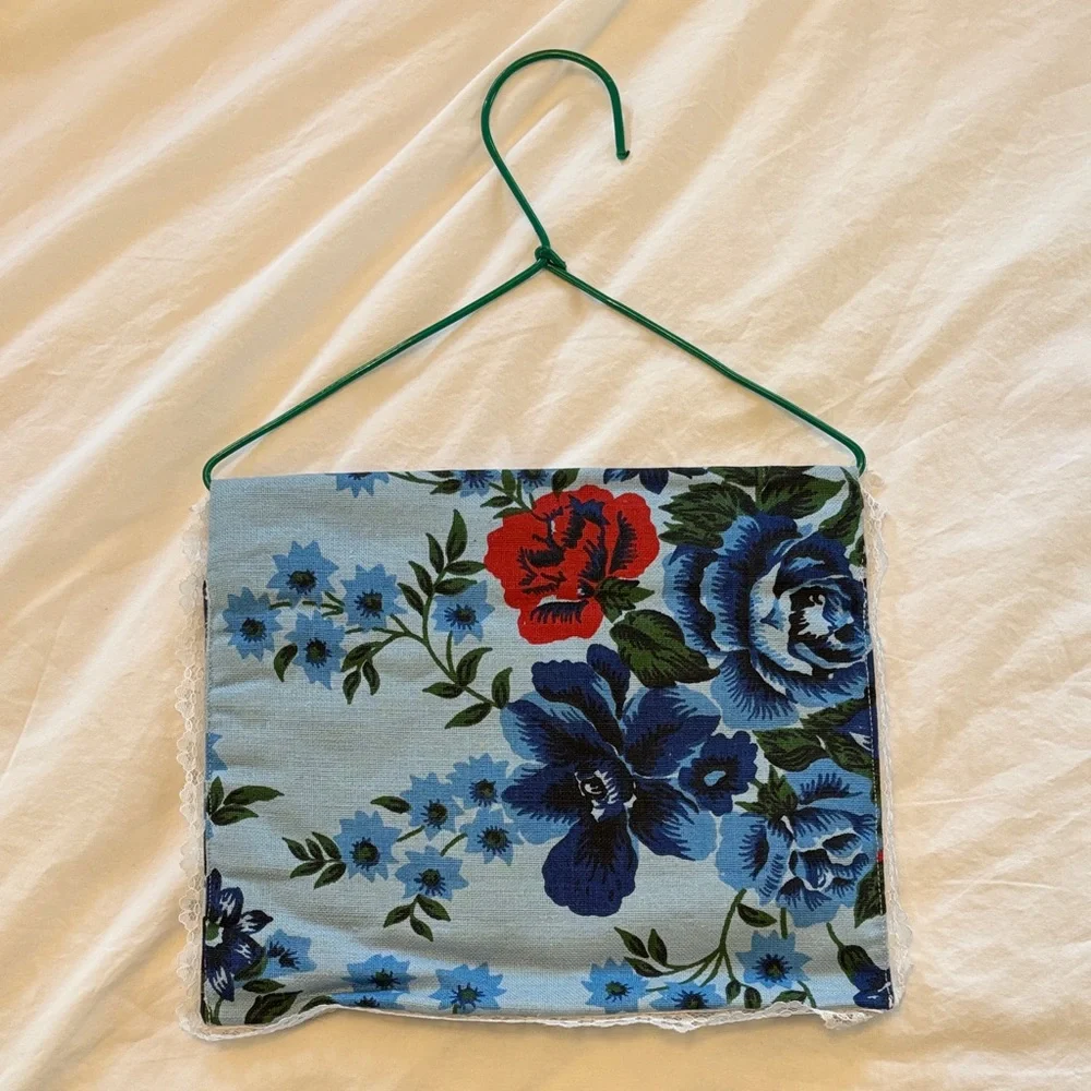 Japanese Floral Quilted Pouch with Lace Trim